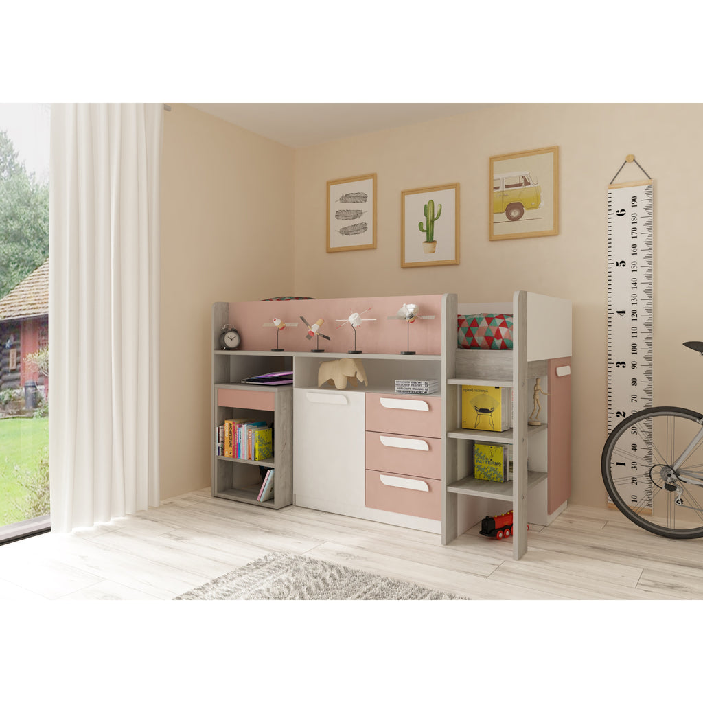 Girona Midsleeper Cabin Bed with Pull-Out Desk & Storage in pink in furnished room, desk closed