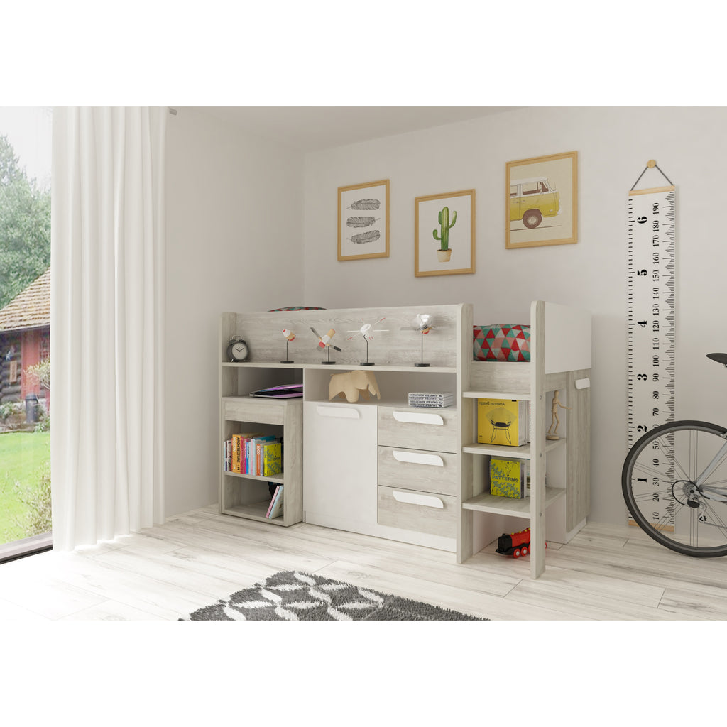 Girona Midsleeper Cabin Bed with Pull-Out Desk & Storage in white in furnished room, desk closed