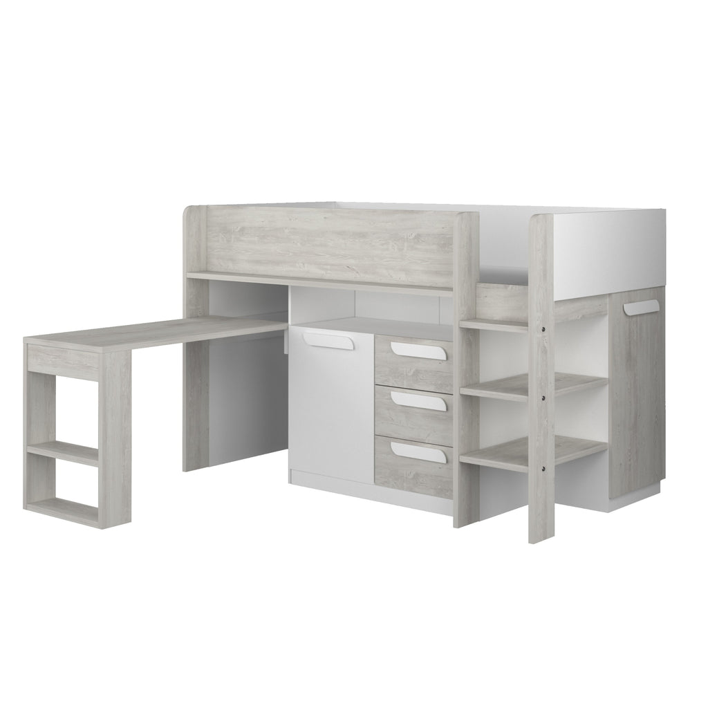 Girona Midsleeper Cabin Bed with Pull-Out Desk & Storage in white on white background, desk extended