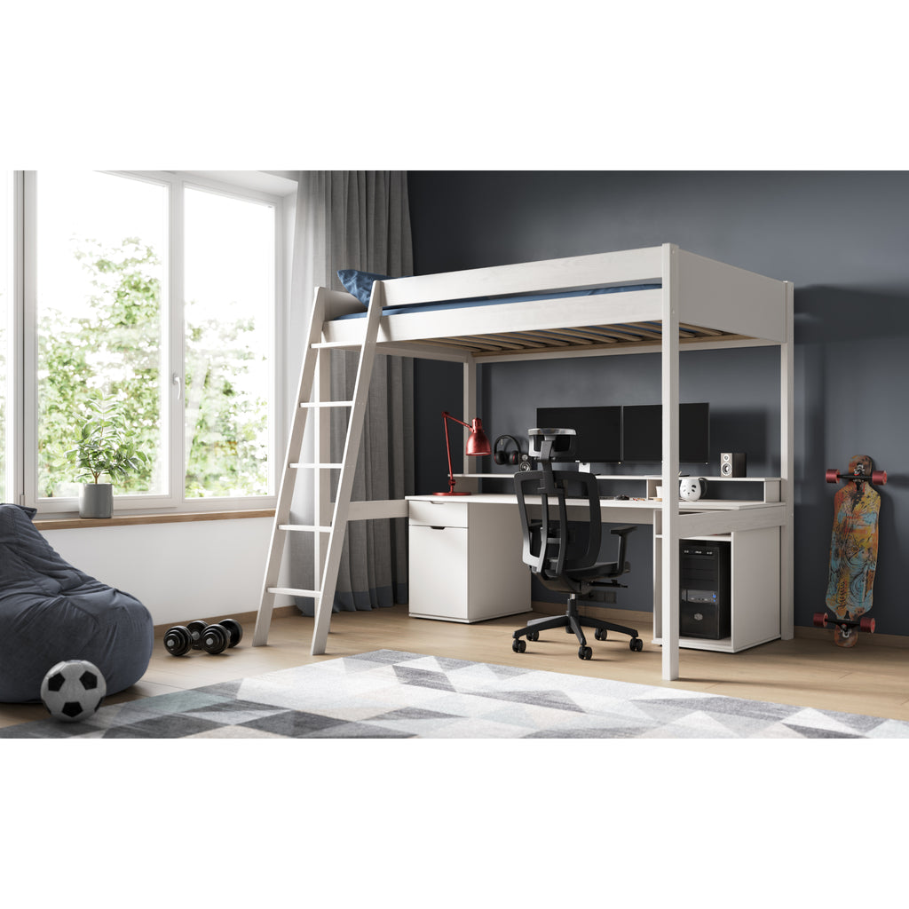 Tera Pine Gaming High Sleeper with Desk & Storage in white in furnished room