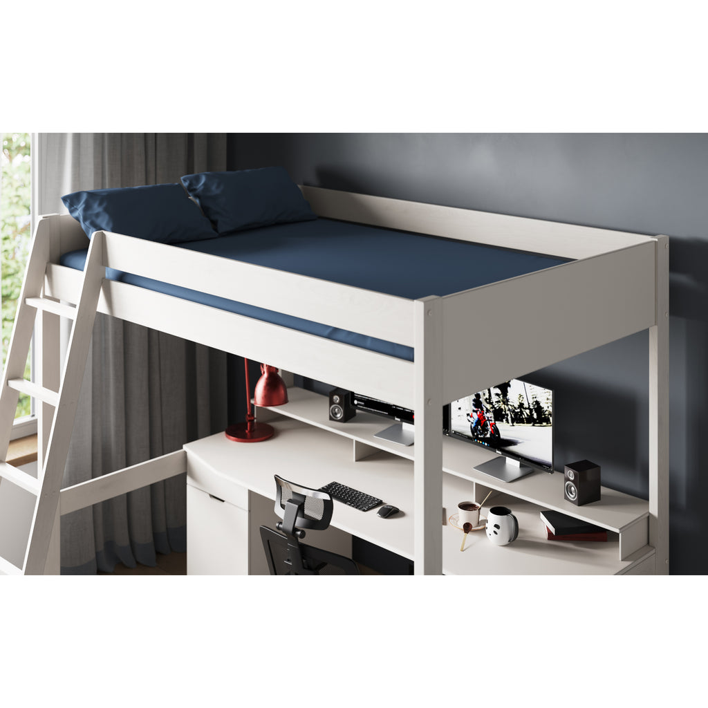 Tera Pine Gaming High Sleeper with Desk & Storage in white in furnished room, upper bunk and desk detail