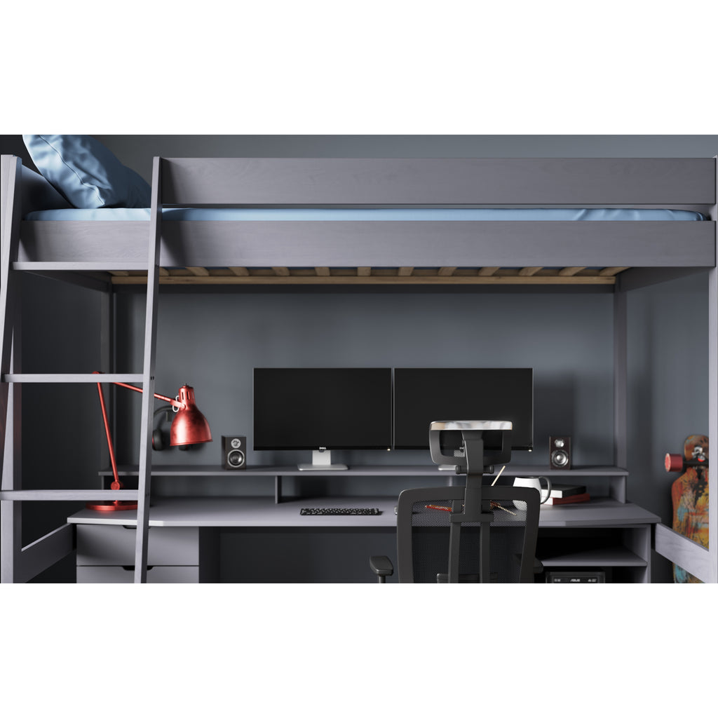Tera Pine Gaming High Sleeper with Desk & Storage in grey in furnished room, desk detail