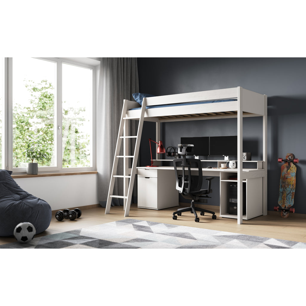 Tera Pine Gaming High Sleeper with Desk & Storage in white in furnished room