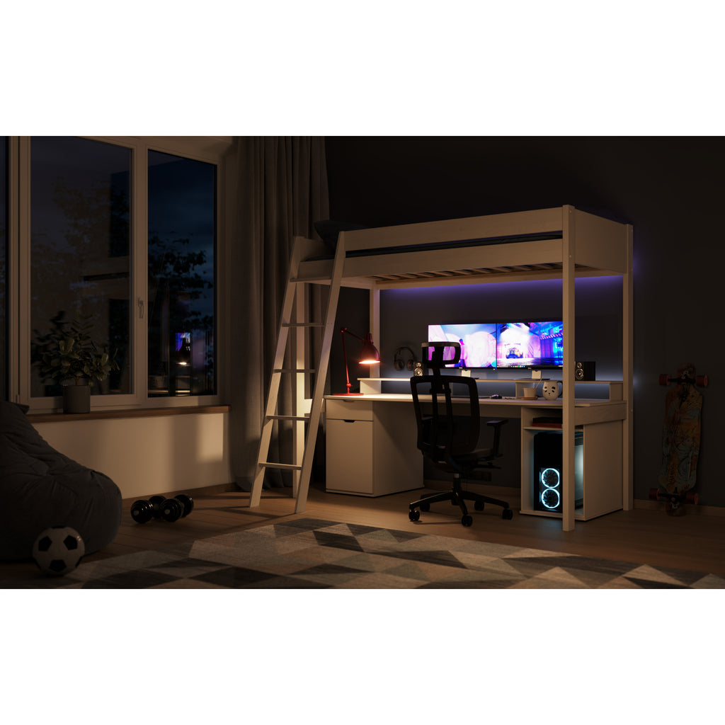 Tera Pine Gaming High Sleeper with Desk & Storage in white in furnished room at night, computer monitors illuminated