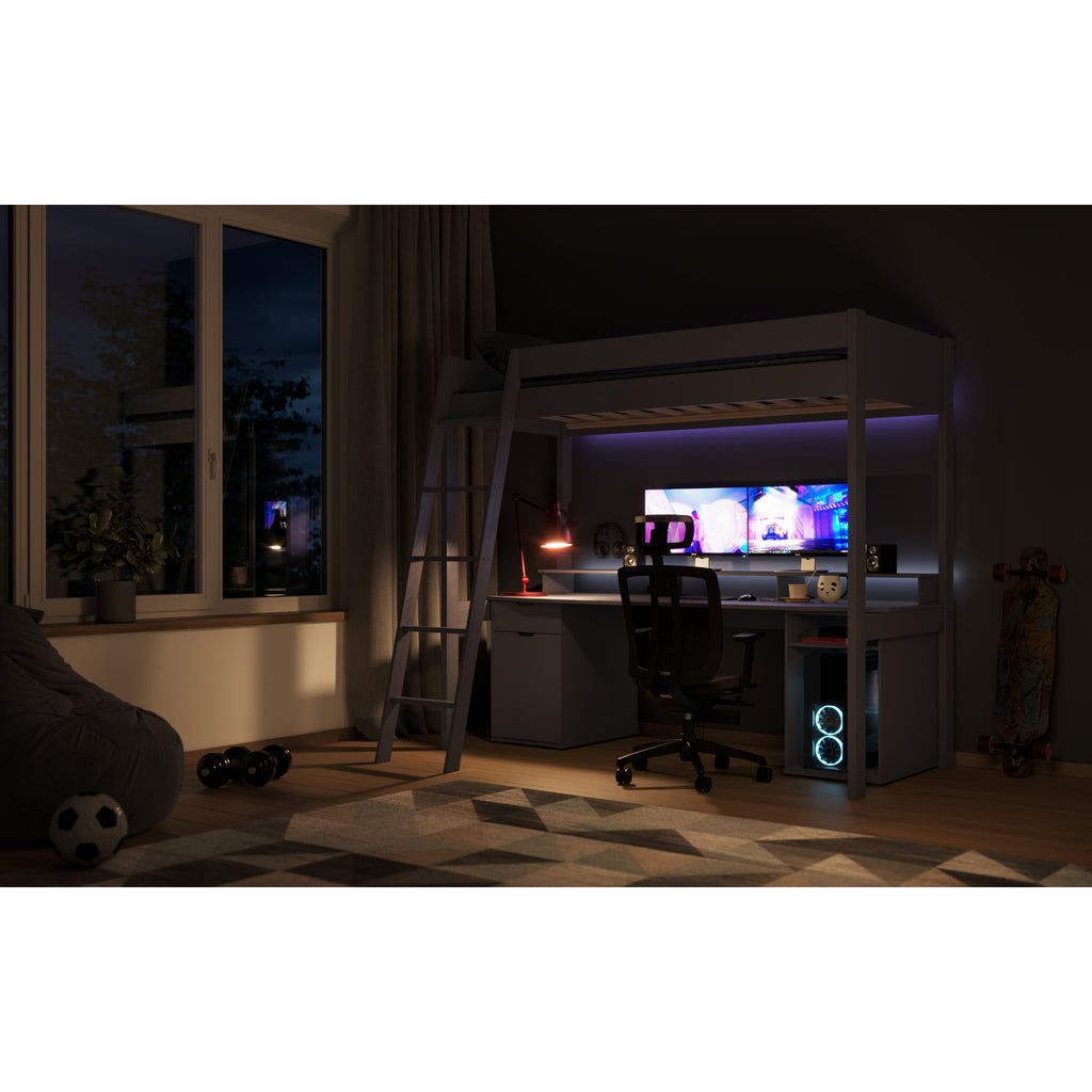 Tera Pine Gaming High Sleeper with Desk & Storage in grey in furnished room at night, computer monitors illuminated