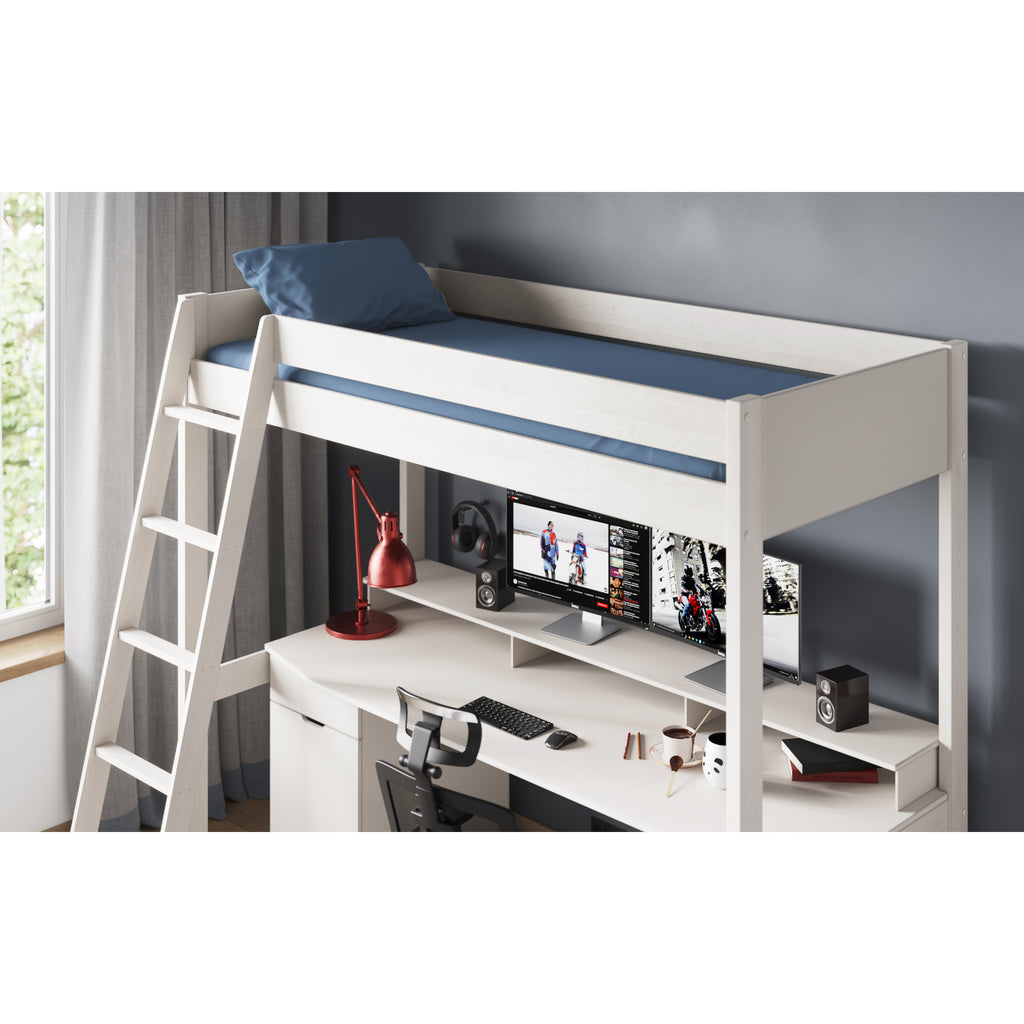 Tera Pine Gaming High Sleeper with Desk & Storage in white in furnished room, upper bunk and desk top detail