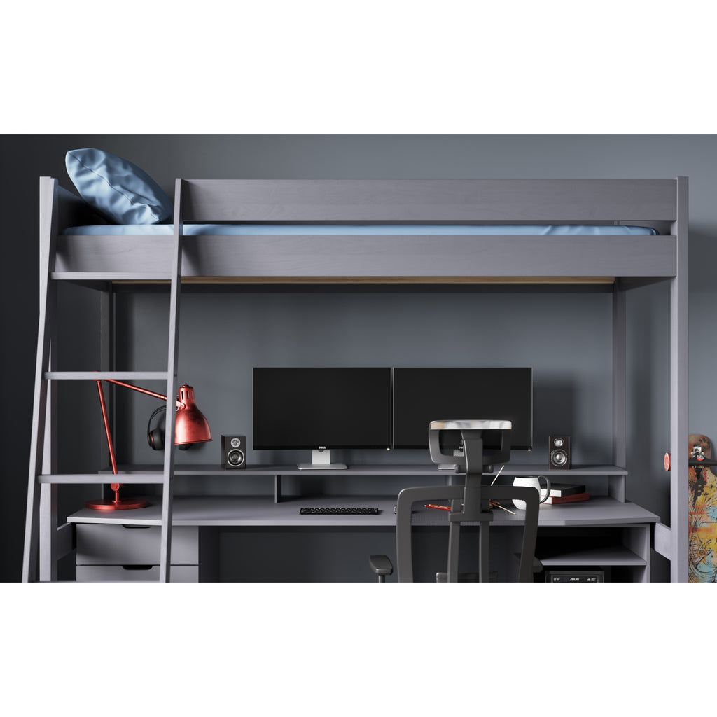 Tera Pine Gaming High Sleeper with Desk & Storage in grey in furnished room, desk detail and bunk profile