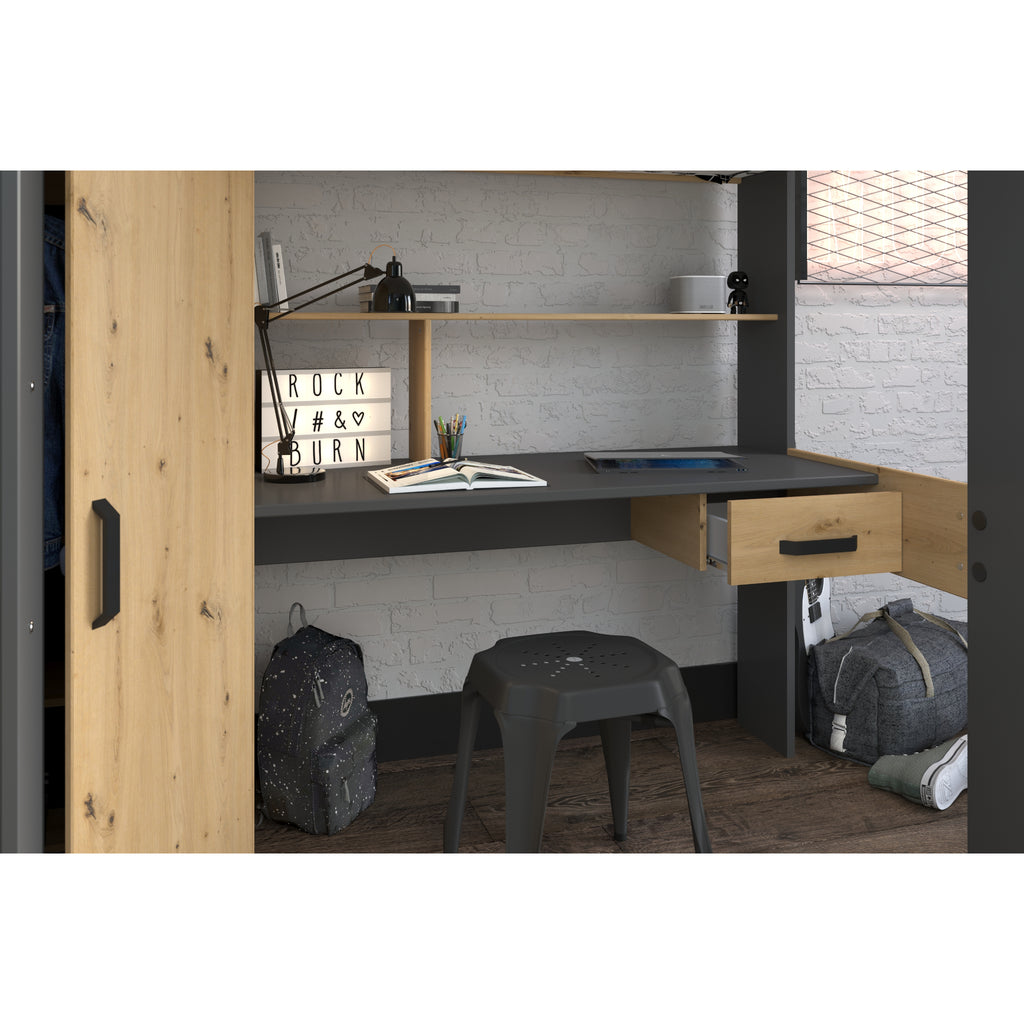 Parisot Grayson Highsleeper with Wardrobe, Desk and Shelving in grey, desk and underbed area detail