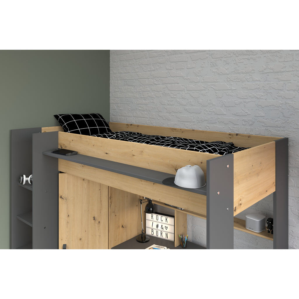 Parisot Grayson Highsleeper with Wardrobe, Desk and Shelving in grey, top bunk detail