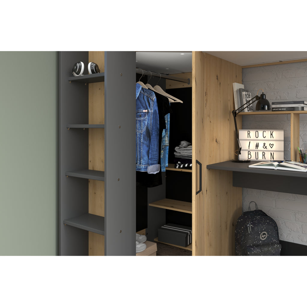 Parisot Grayson Highsleeper with Wardrobe, Desk and Shelving in grey, wardrobe detail