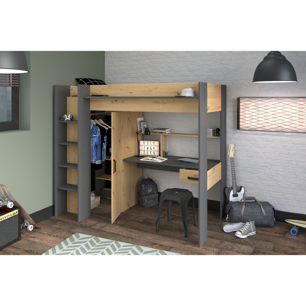Parisot Grayson Highsleeper with Wardrobe, Desk and Shelving in grey