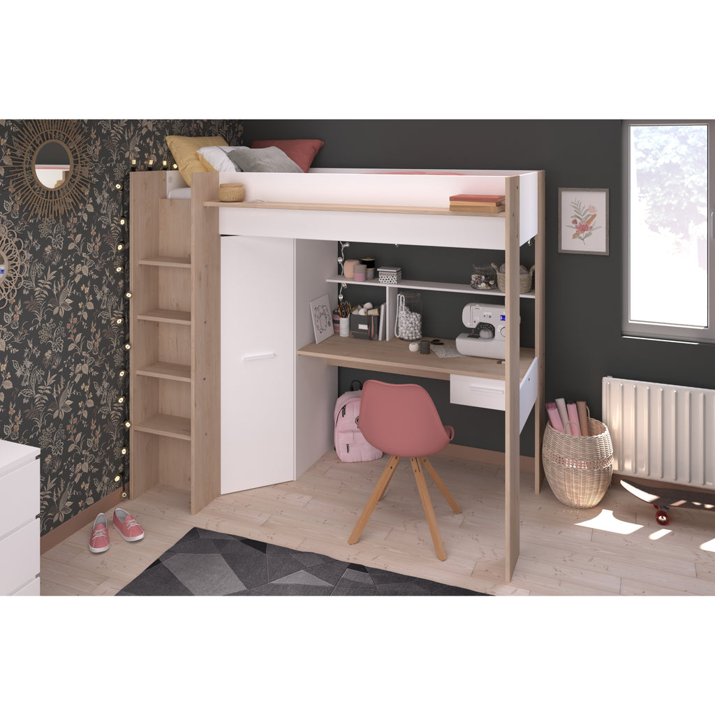 Parisot Grayson Highsleeper with Wardrobe, Desk and Shelving in white