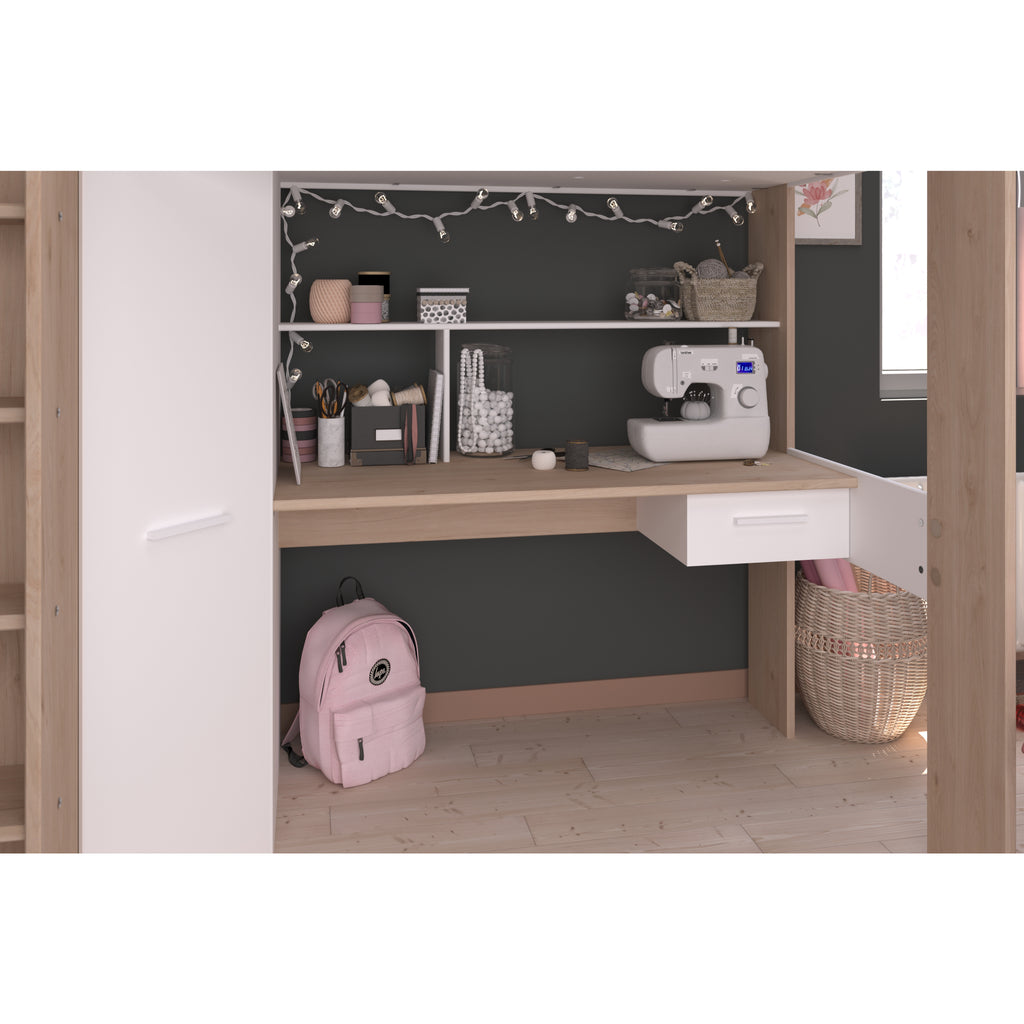 Parisot Grayson Highsleeper with Wardrobe, Desk and Shelving in white, desk and underbed area detail
