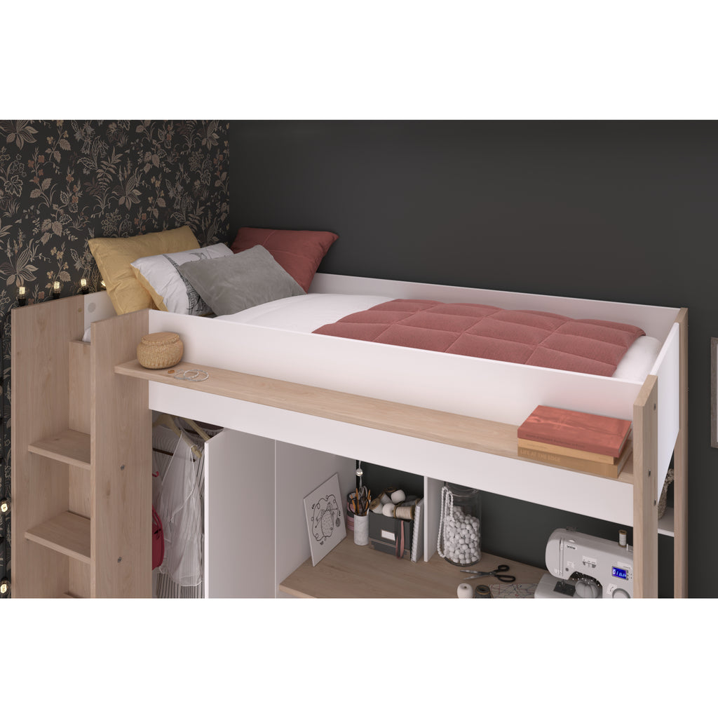 Parisot Grayson Highsleeper with Wardrobe, Desk and Shelving in white, sleeping area detail