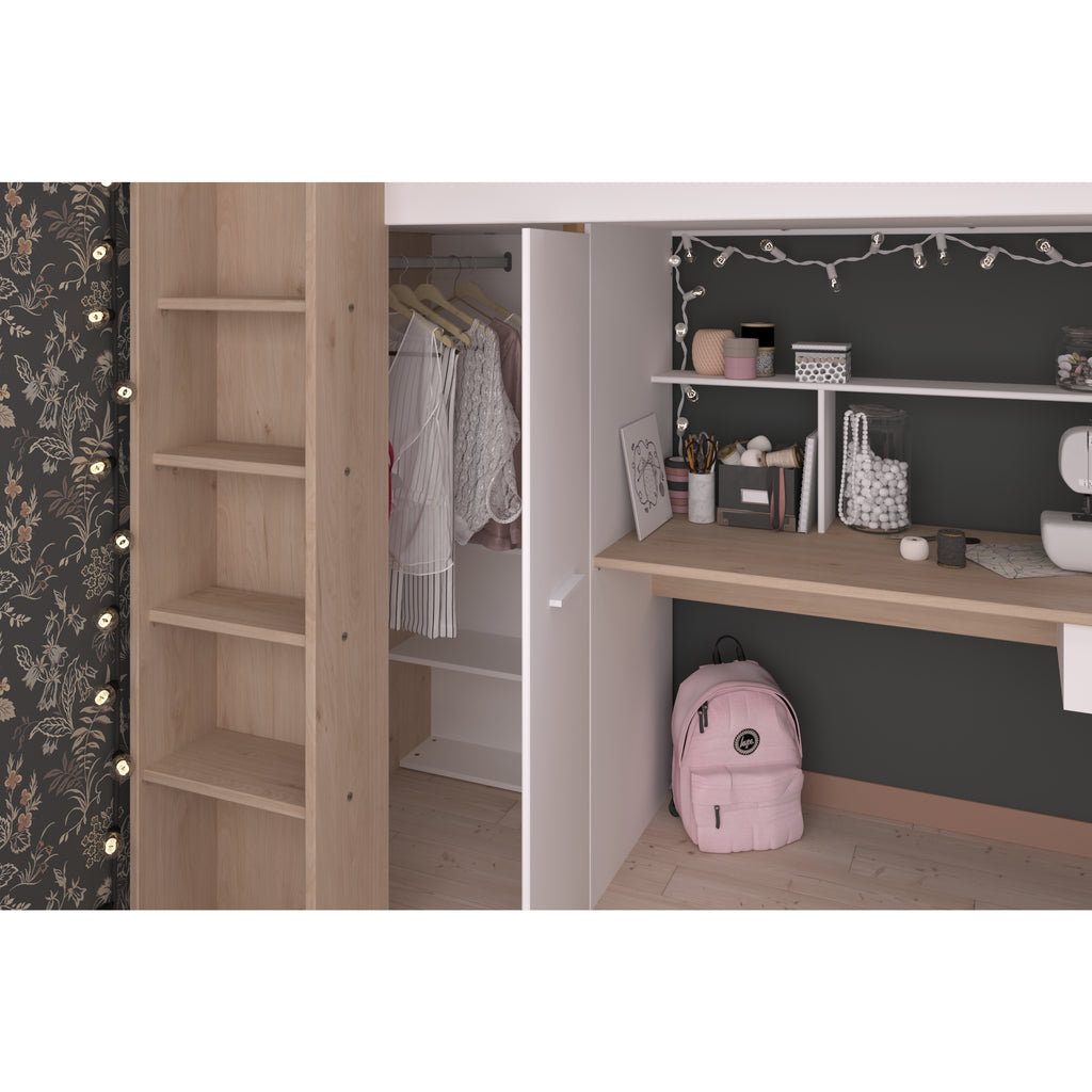 Parisot Grayson Highsleeper with Wardrobe, Desk and Shelving in white, wardrobe detail