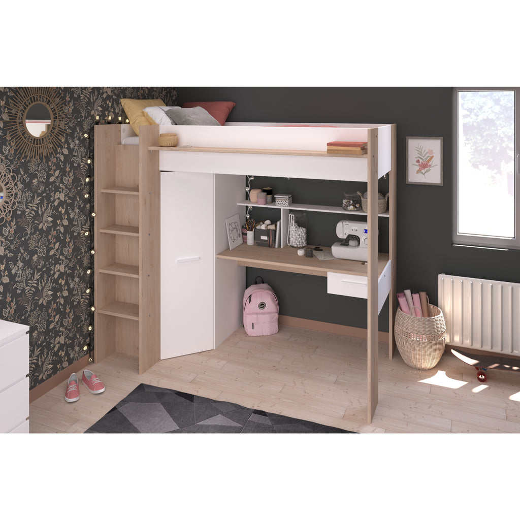 Parisot Grayson Highsleeper with Wardrobe, Desk and Shelving in white, high angle