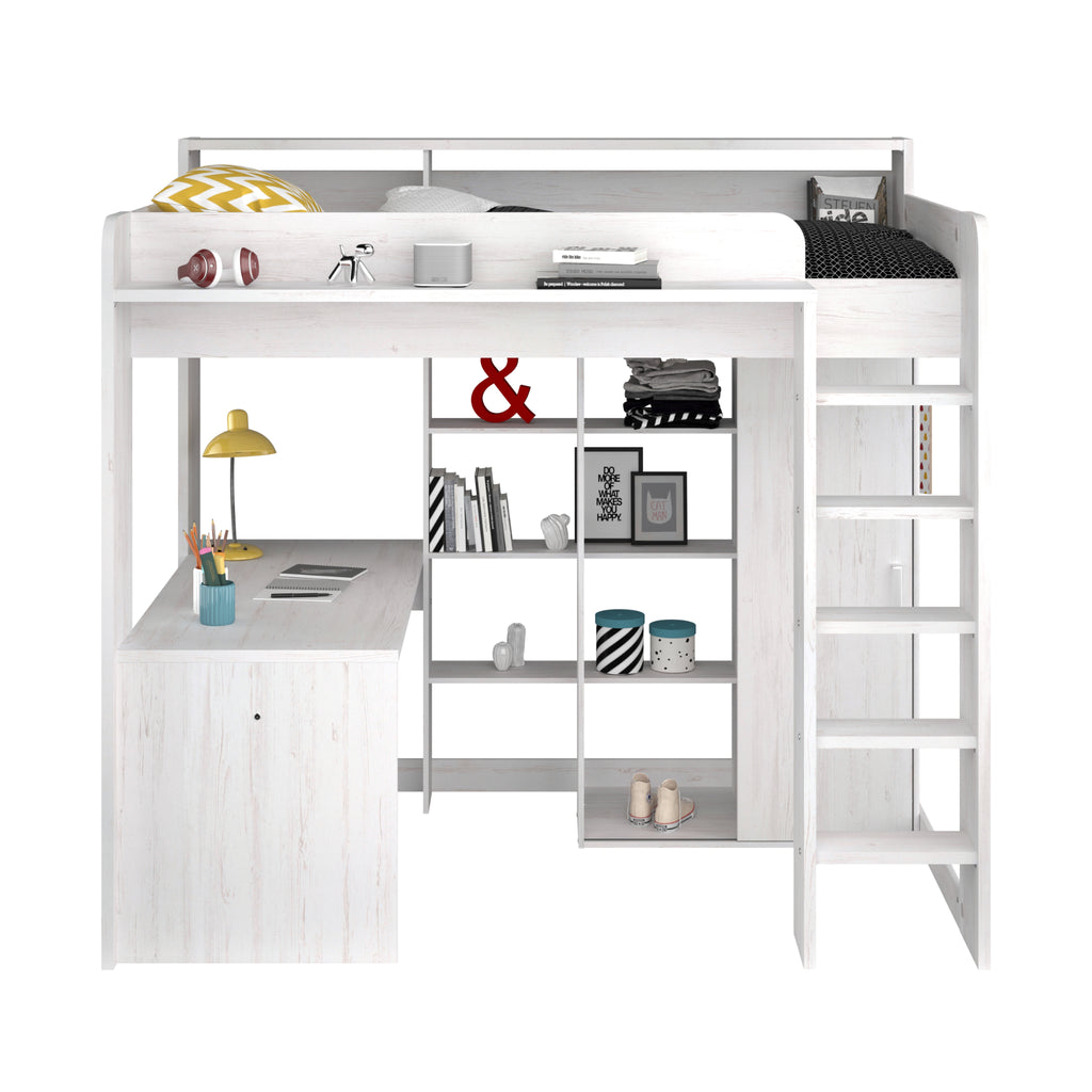 Parisot Higher Highsleeper with Wardrobe, Desk & Shelving on white background