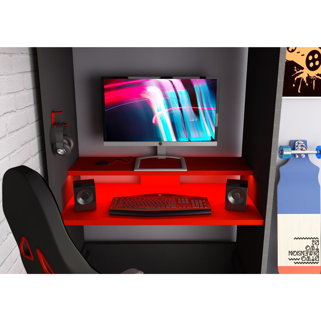Trasman Pod Gaming Highsleeper in Red & Black, desk close up