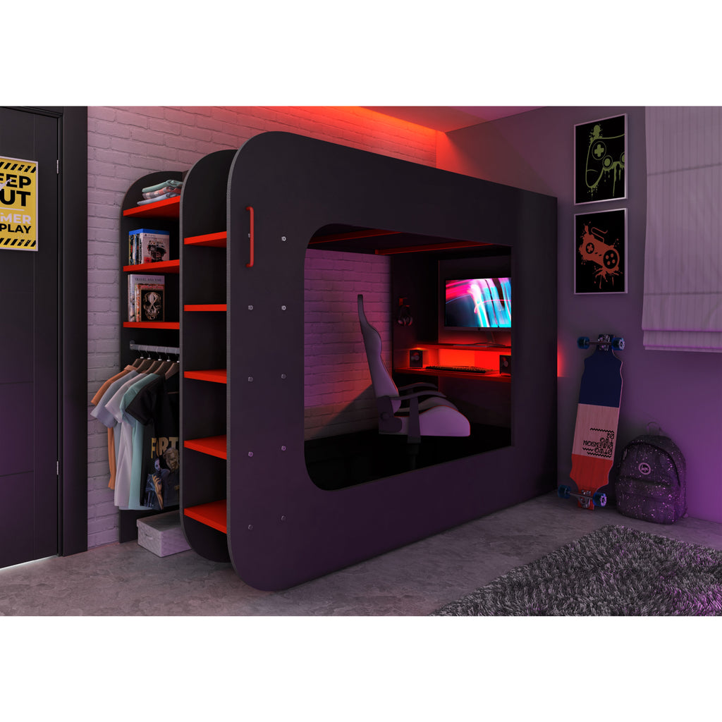 Trasman Pod Gaming Highsleeper in Red & Black, frame only, at night