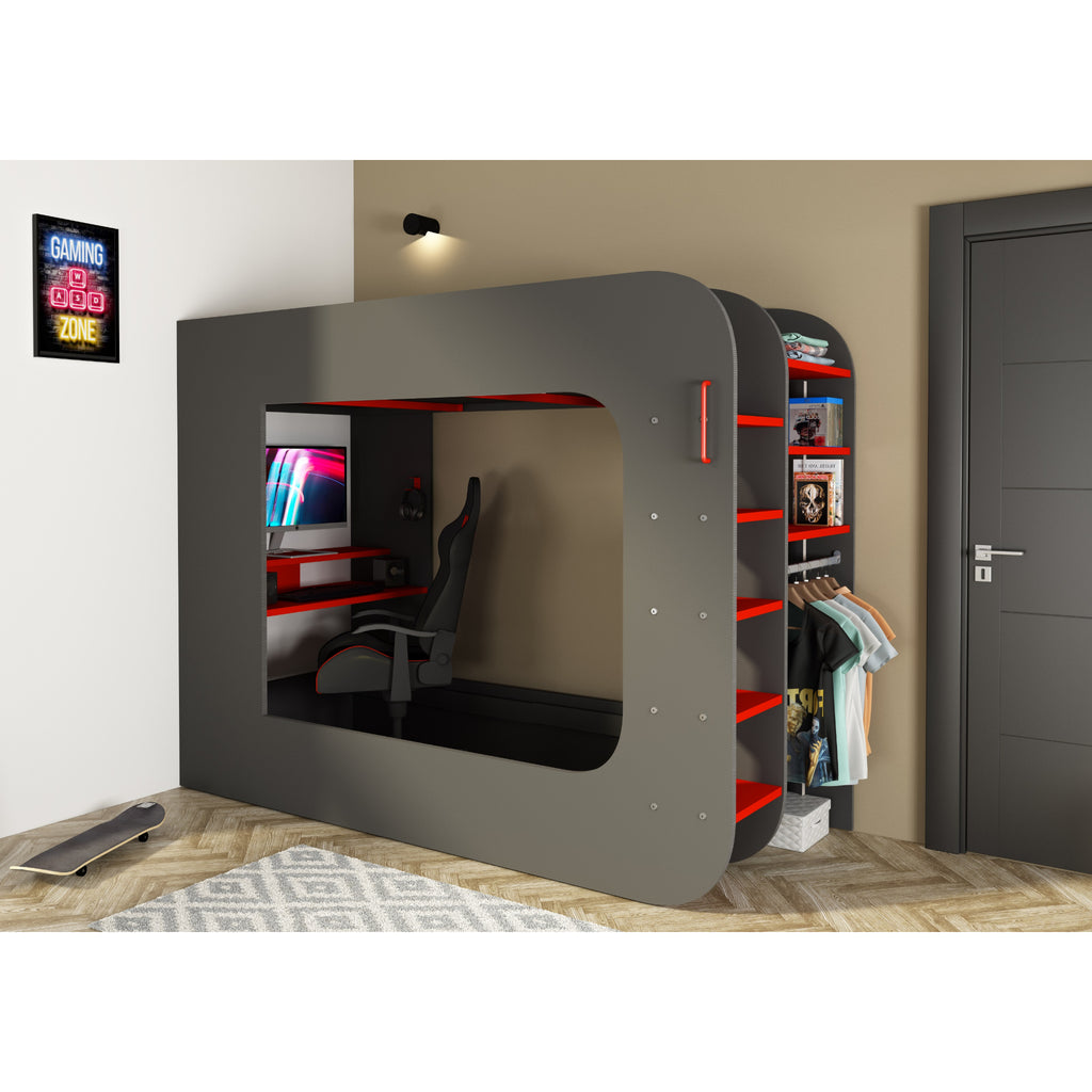 Trasman Pod Gaming Highsleeper in Red & Black, frame only, alternate view