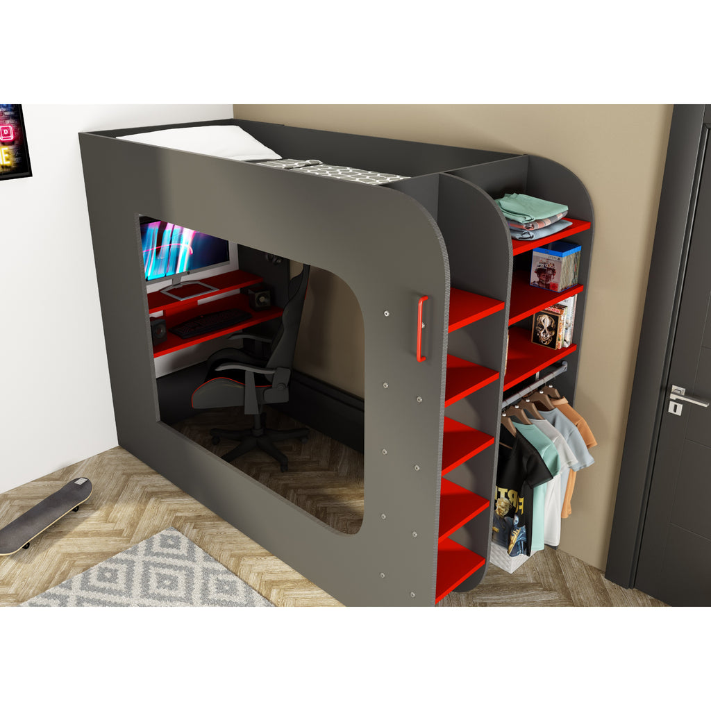 Trasman Pod Gaming Highsleeper in Red & Black, frame only, top view