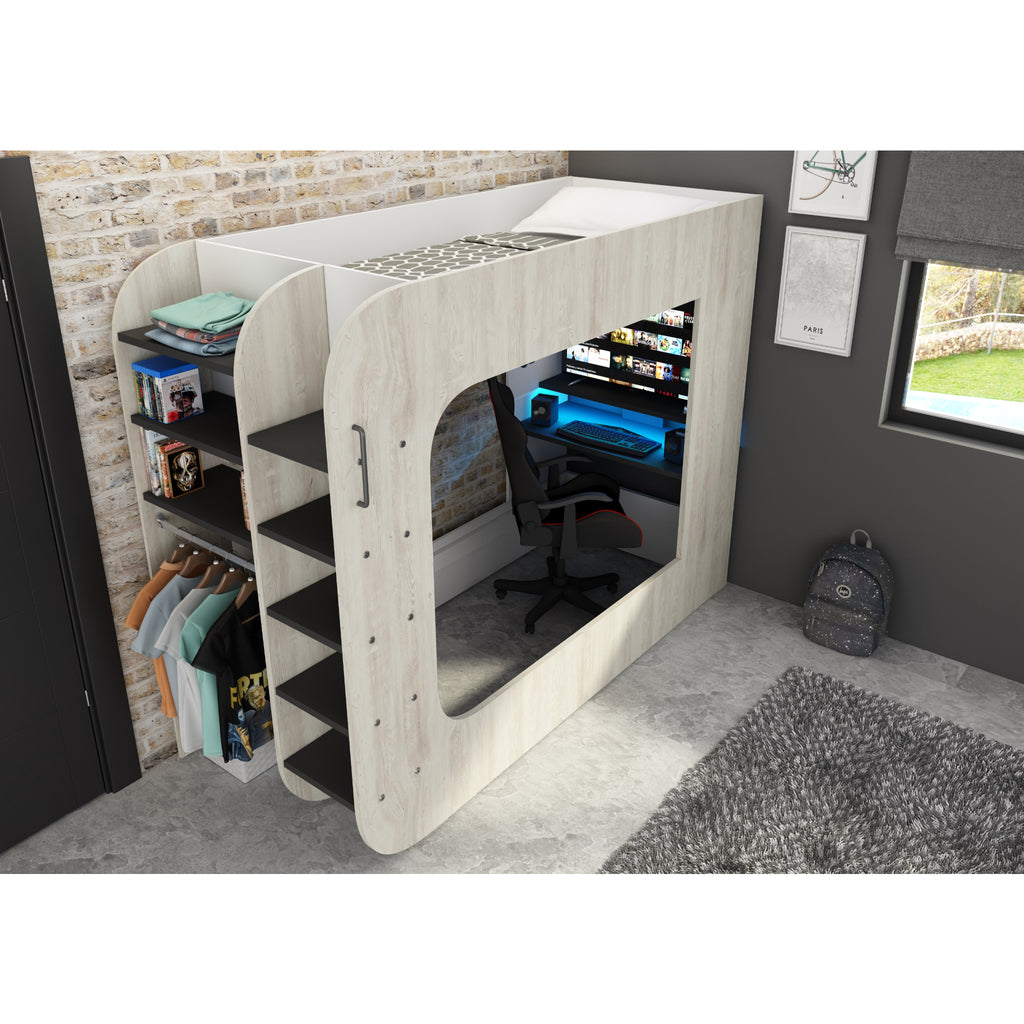 Trasman Pod Gaming Highsleeper frame only in cascina & Charcoal, high angle