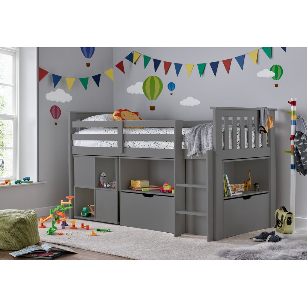 Milo Pine Mid Sleeper with Desk & Storage in furnished room with desk retracted. Grey model.