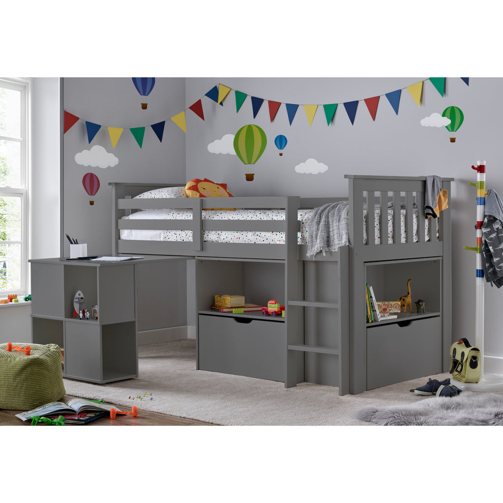 Milo Pine Mid Sleeper with Desk & Storage in furnished room showing pull out desk. Grey model