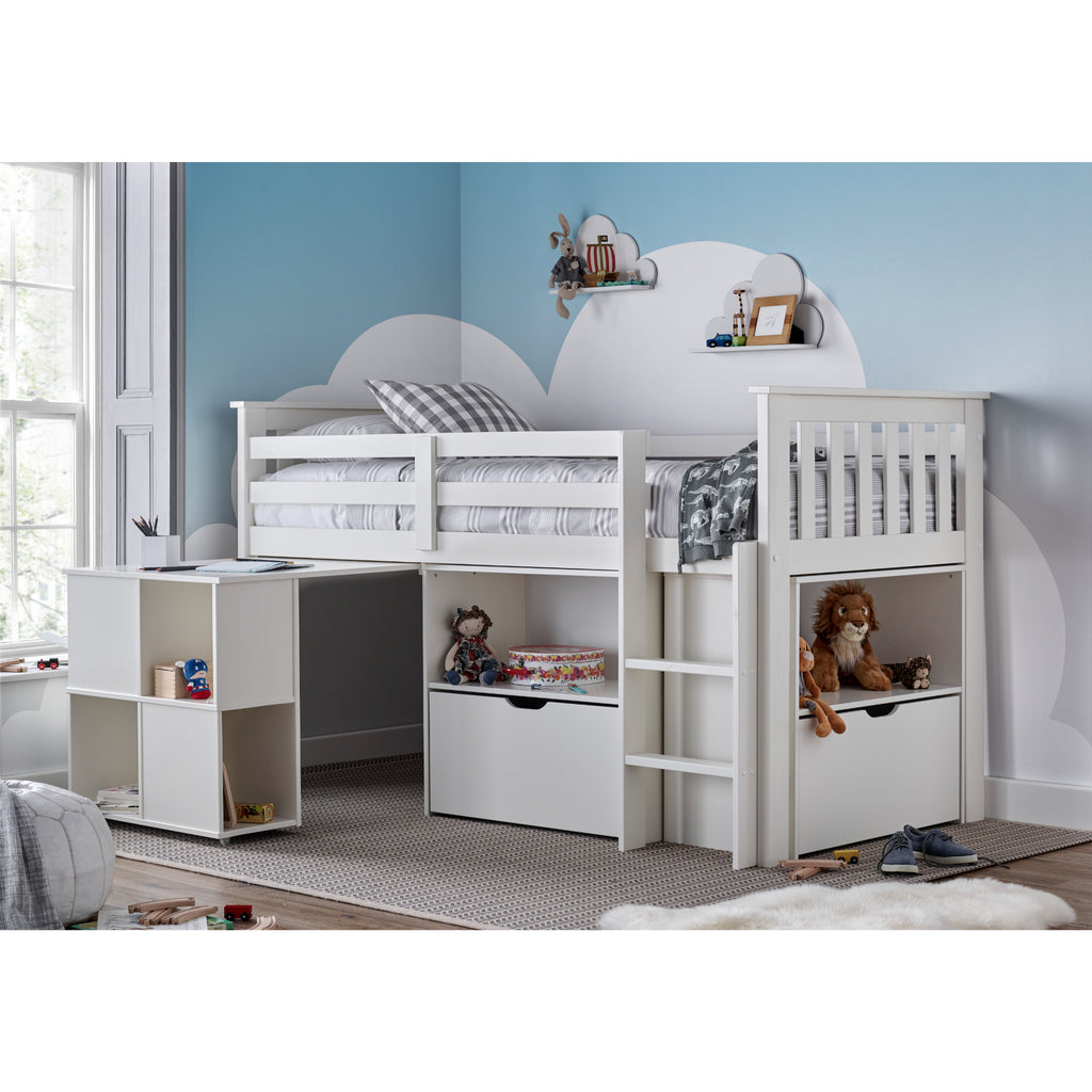 Milo Pine Mid Sleeper with Desk & Storage in furnished room showing pull out desk. White model.