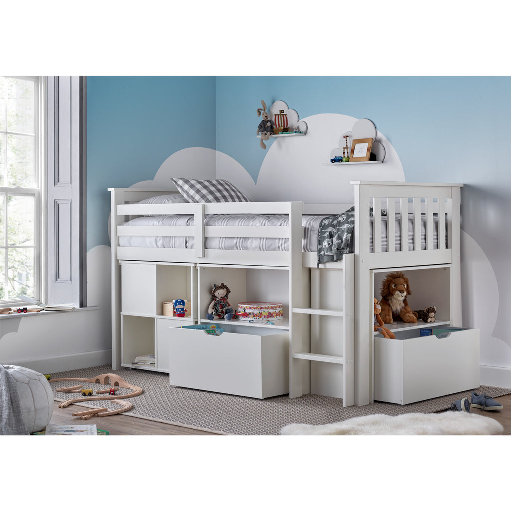 Milo Pine Mid Sleeper with Desk & Storage in furnished room shwoing drawer pulled out. White model.