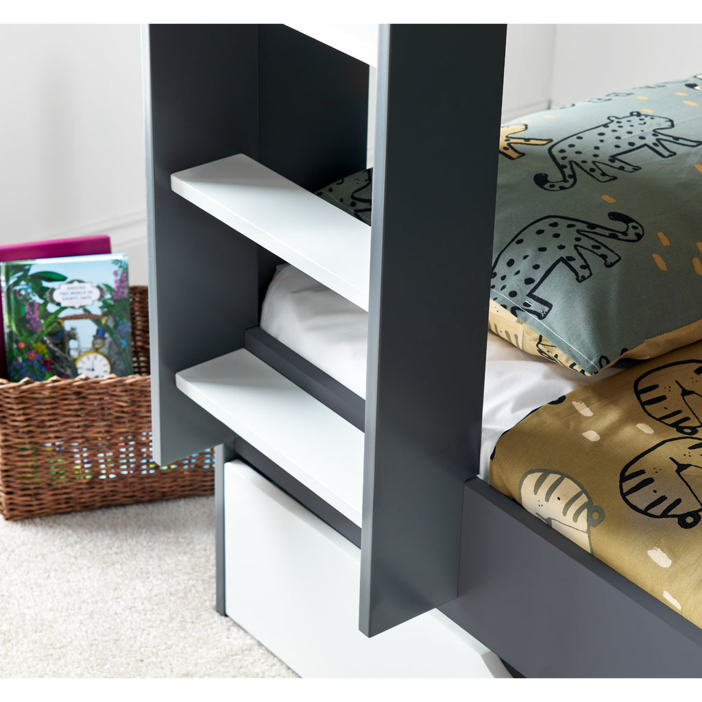 Oilver Solid Wood Bunk Bed in grey & white in furnished room, bottom of ladder detail