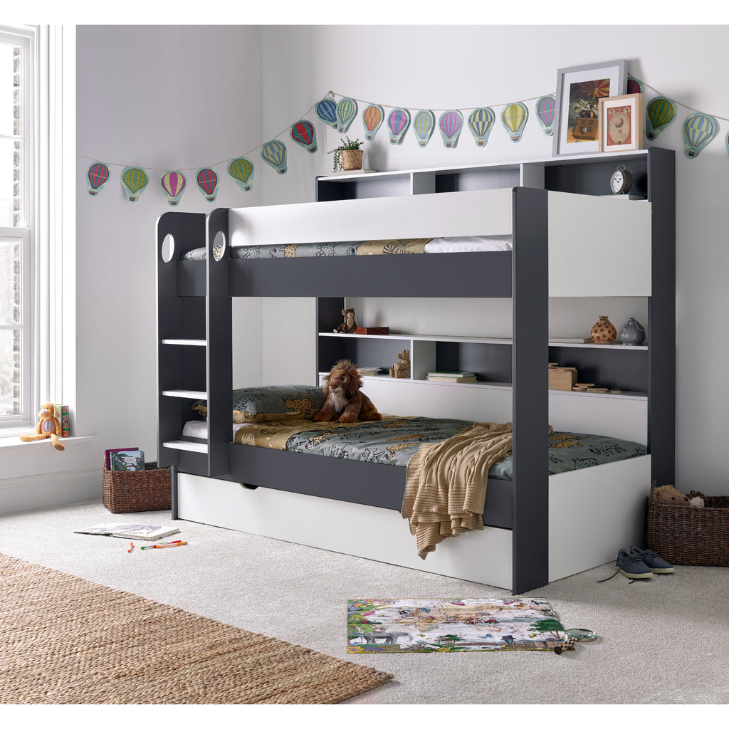 Oilver Solid Wood Bunk Bed in grey & white in furnished room, underbed drawer closed