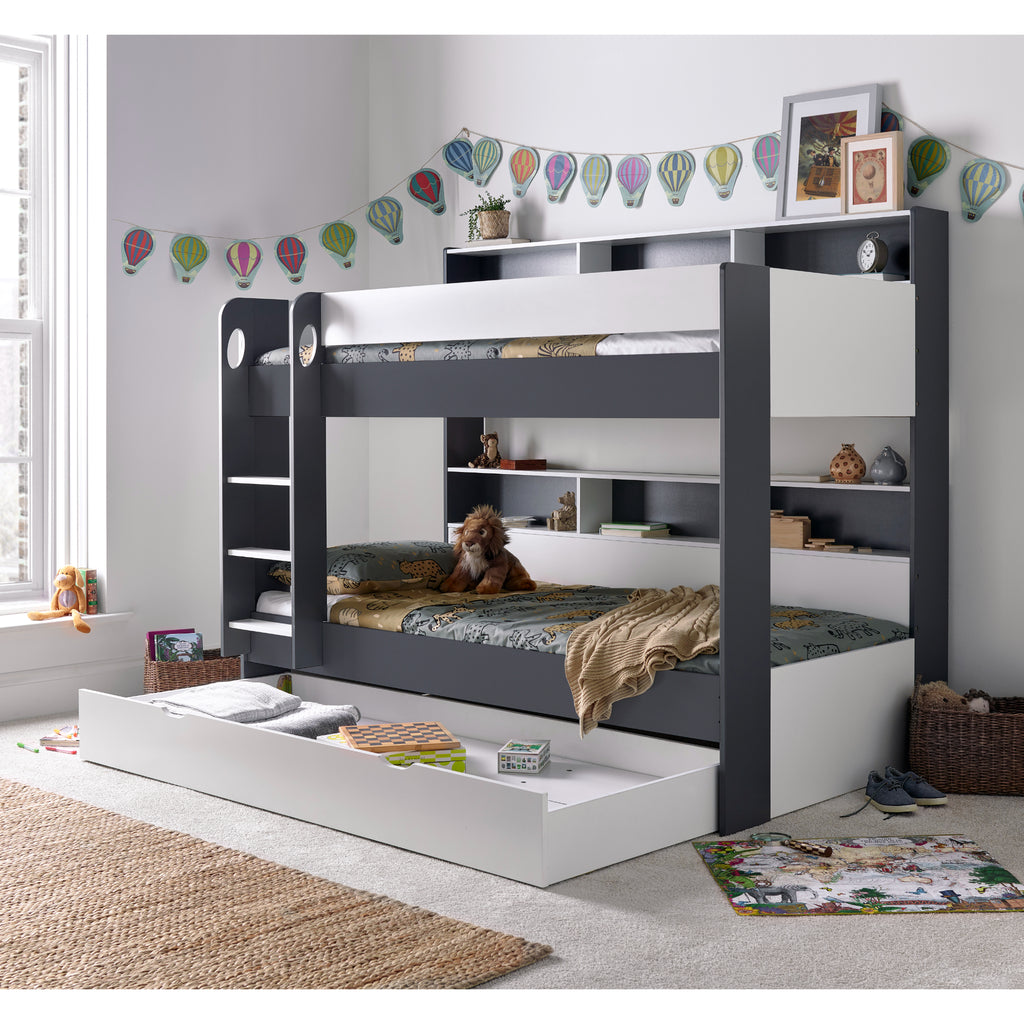 Oilver Solid Wood Bunk Bed in grey & white in furnished room, underbed drawer open