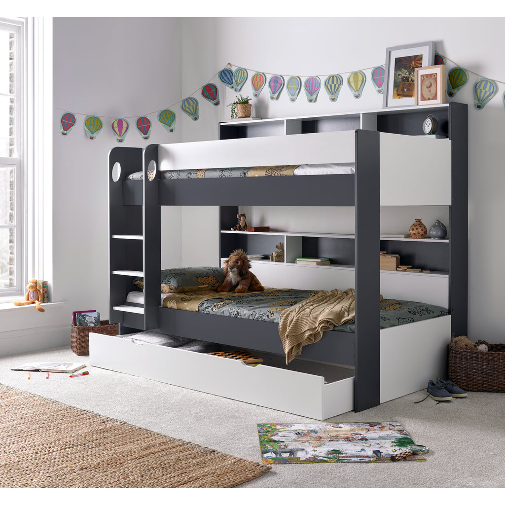 Oilver Solid Wood Bunk Bed in grey & white in furnished room, underbed drawer partially closed
