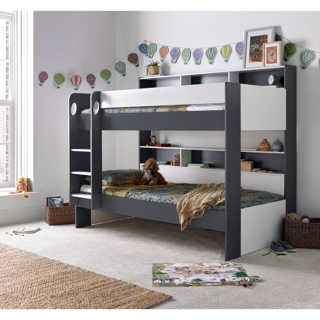 Oilver Solid Wood Bunk Bed in grey & white in furnished room, no underbed