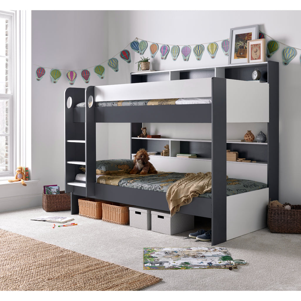 Oilver Solid Wood Bunk Bed in grey & white in furnished room, underbed area used for storage