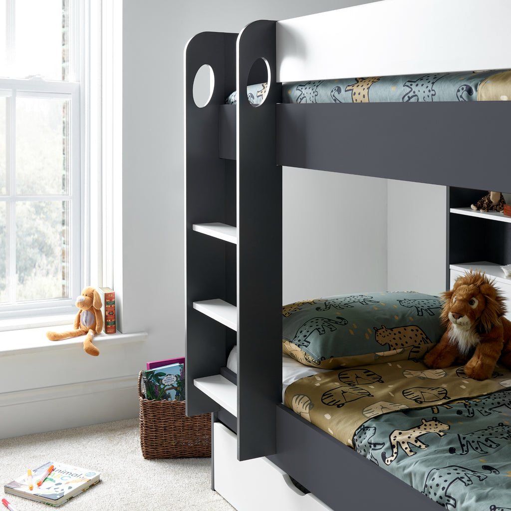 Oilver Solid Wood Bunk Bed in grey & white in furnished room, ladder detail