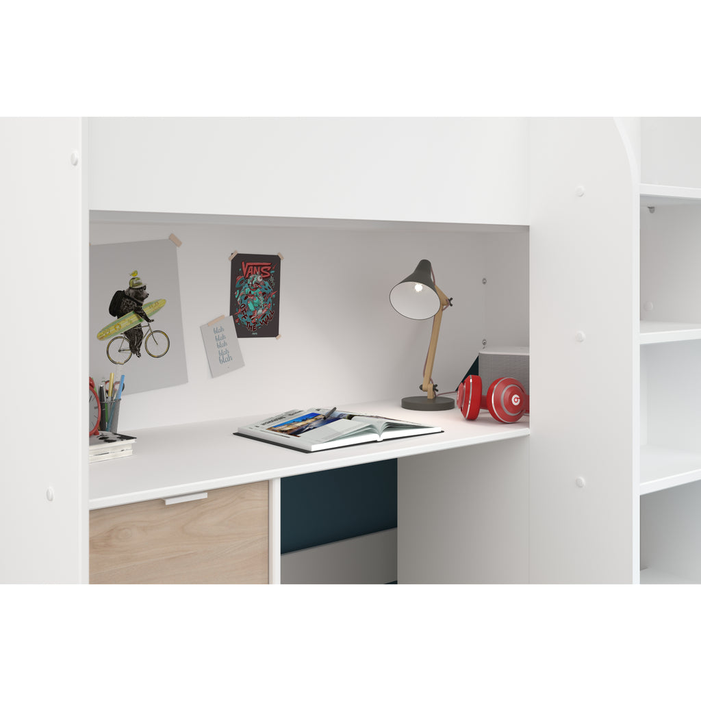 Parisot Tom Highsleeper with Wardrobe, Desk & Chest of Drawers, desk detail, alternate set up