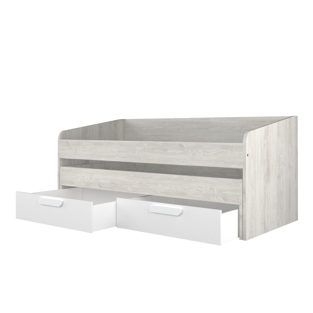 Trasman Terrassa Daybed on white background, storage drawers opened