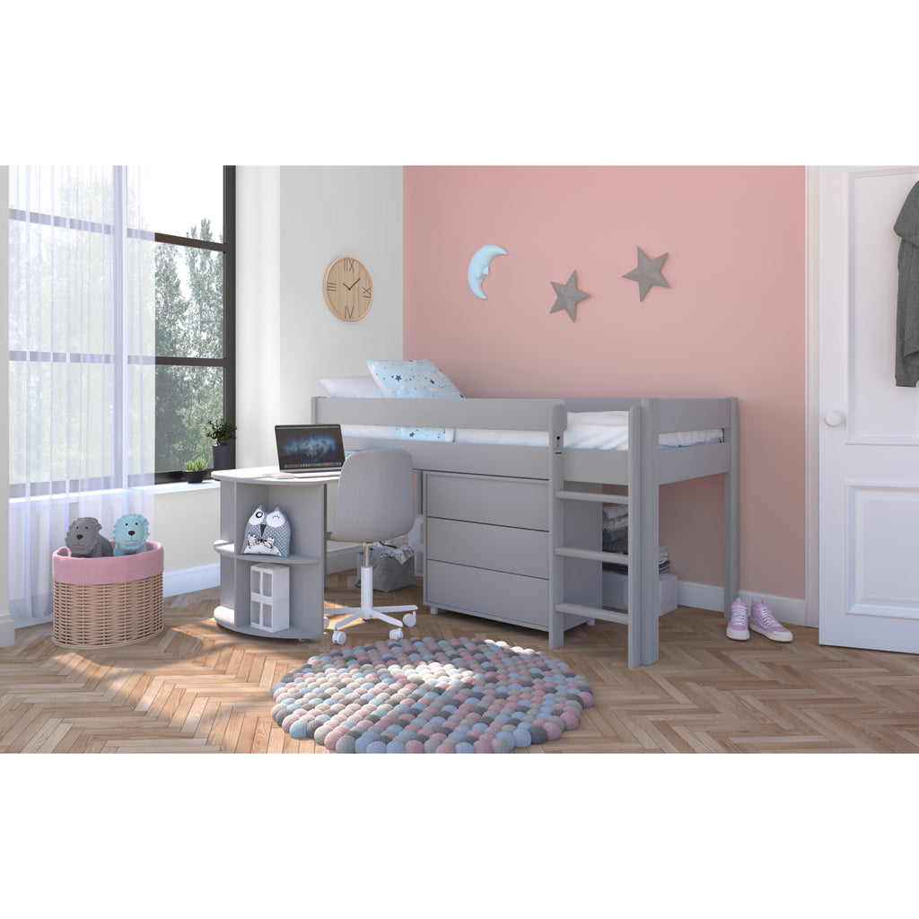 Stompa Uno Midsleeper with Pull-Out Desk & 3 Drawer Chest in grey in furnished room, wide shot