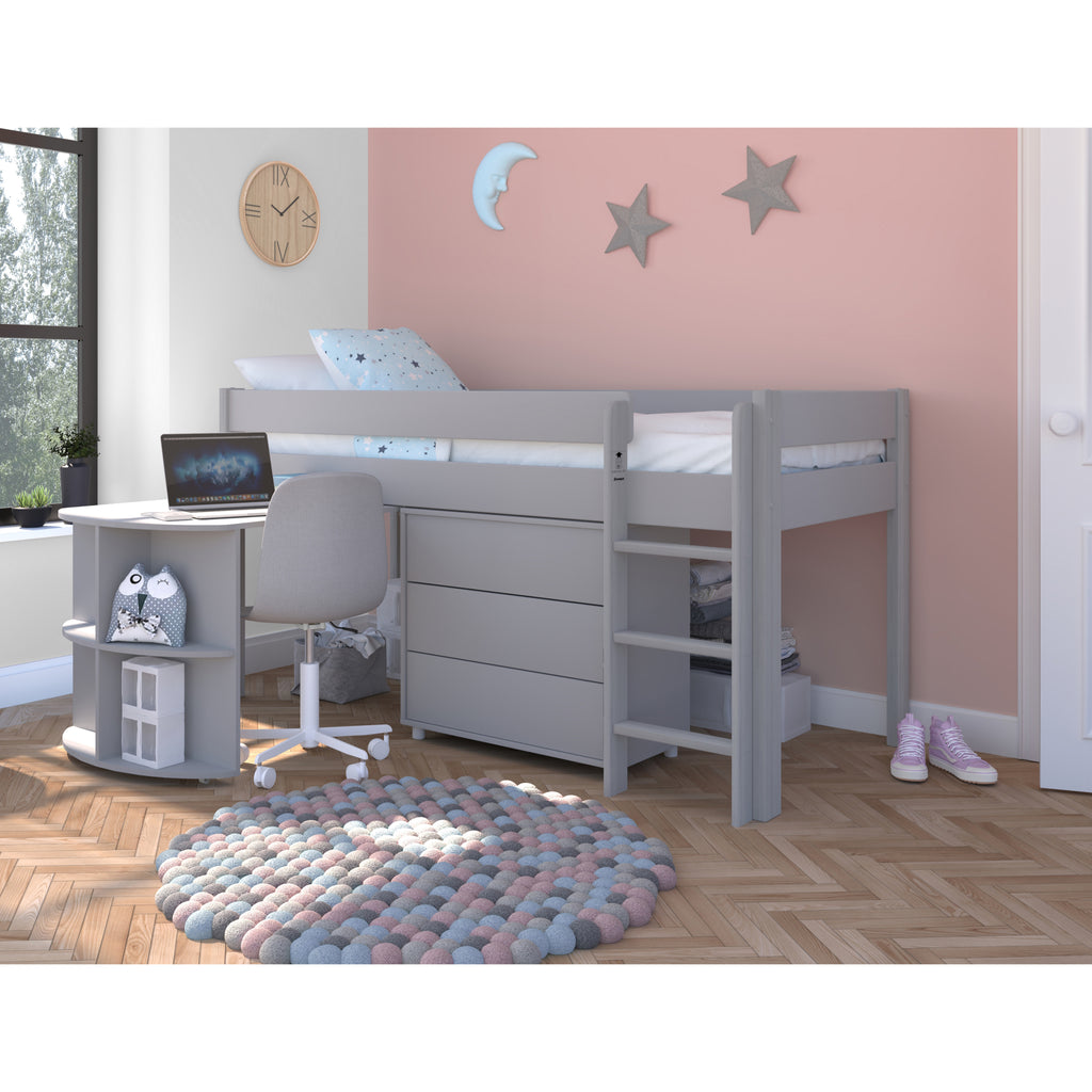 Stompa Uno Midsleeper with Pull-Out Desk & 3 Drawer Chest in grey in furnished room