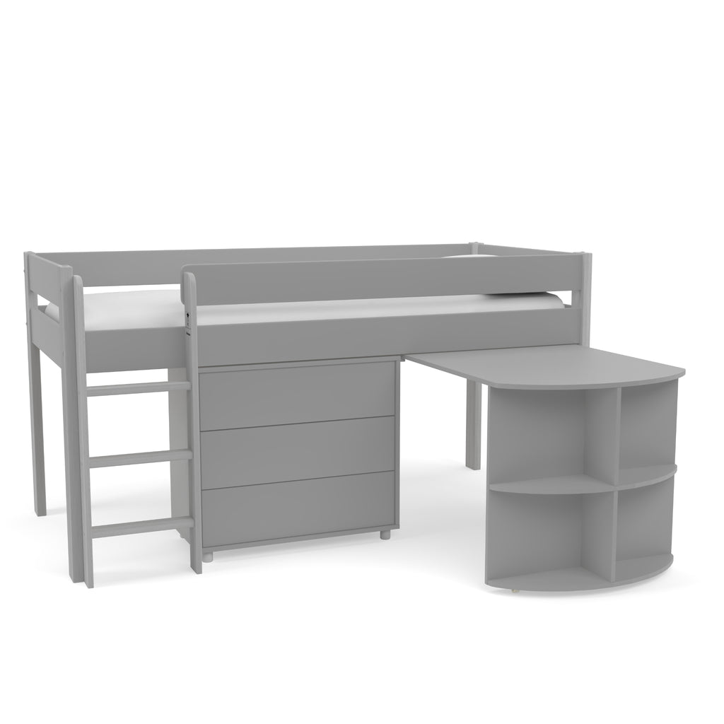 Stompa Uno Midsleeper with Pull-Out Desk & 3 Drawer Chest in grey in furnished room on white background