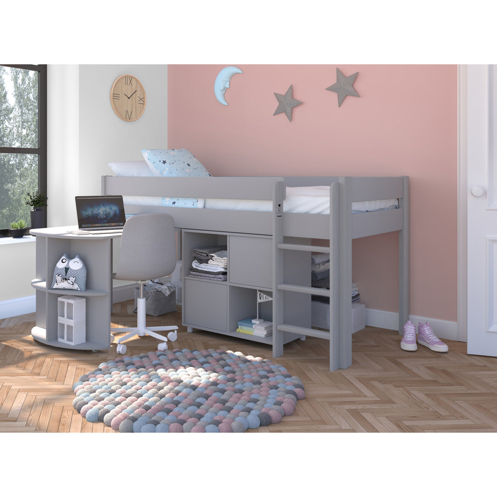 Stompa Uno Midsleeper with Pull-Out Desk & Cube Storage Unit in grey in furnished room