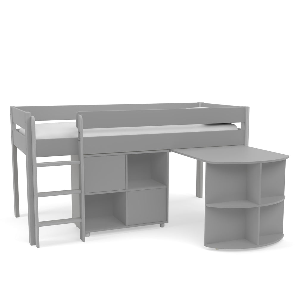 Stompa Uno Midsleeper with Pull-Out Desk & Cube Storage Unit in grey on white background