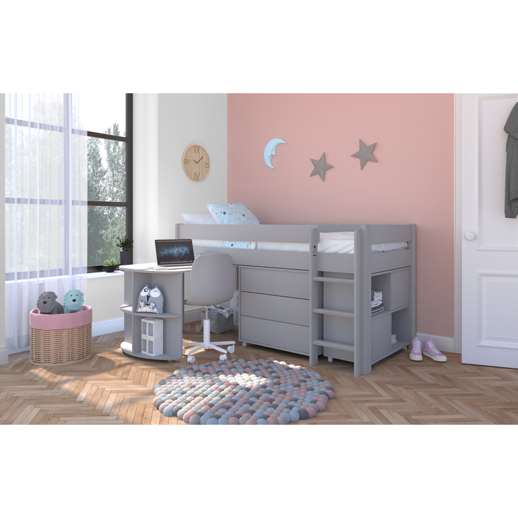 Stompa Uno Midsleeper with Pull-Out Desk, Cube Storage Unit & 3 Drawer Chest in grey in furnished room, wide shot