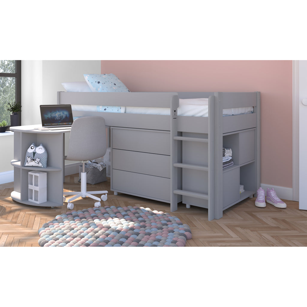 Stompa Uno Midsleeper with Pull-Out Desk, Cube Storage Unit & 3 Drawer Chest in grey in furnished room