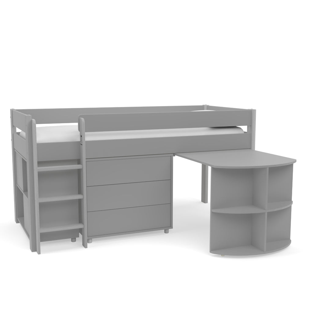 Stompa Uno Midsleeper with Pull-Out Desk, Cube Storage Unit & 3 Drawer Chest in grey on white background