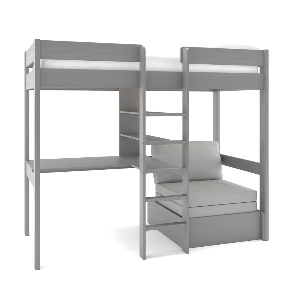 Stompa Uno Highsleeper with Integrated Desk, Shelving & Chair Bed in grey on white background