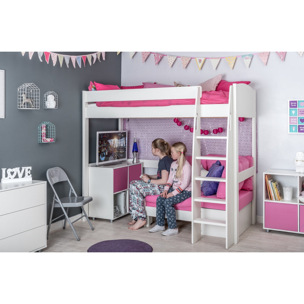 Stompa UnoS Highsleeper with Sofa Bed & Cube Storage in pink