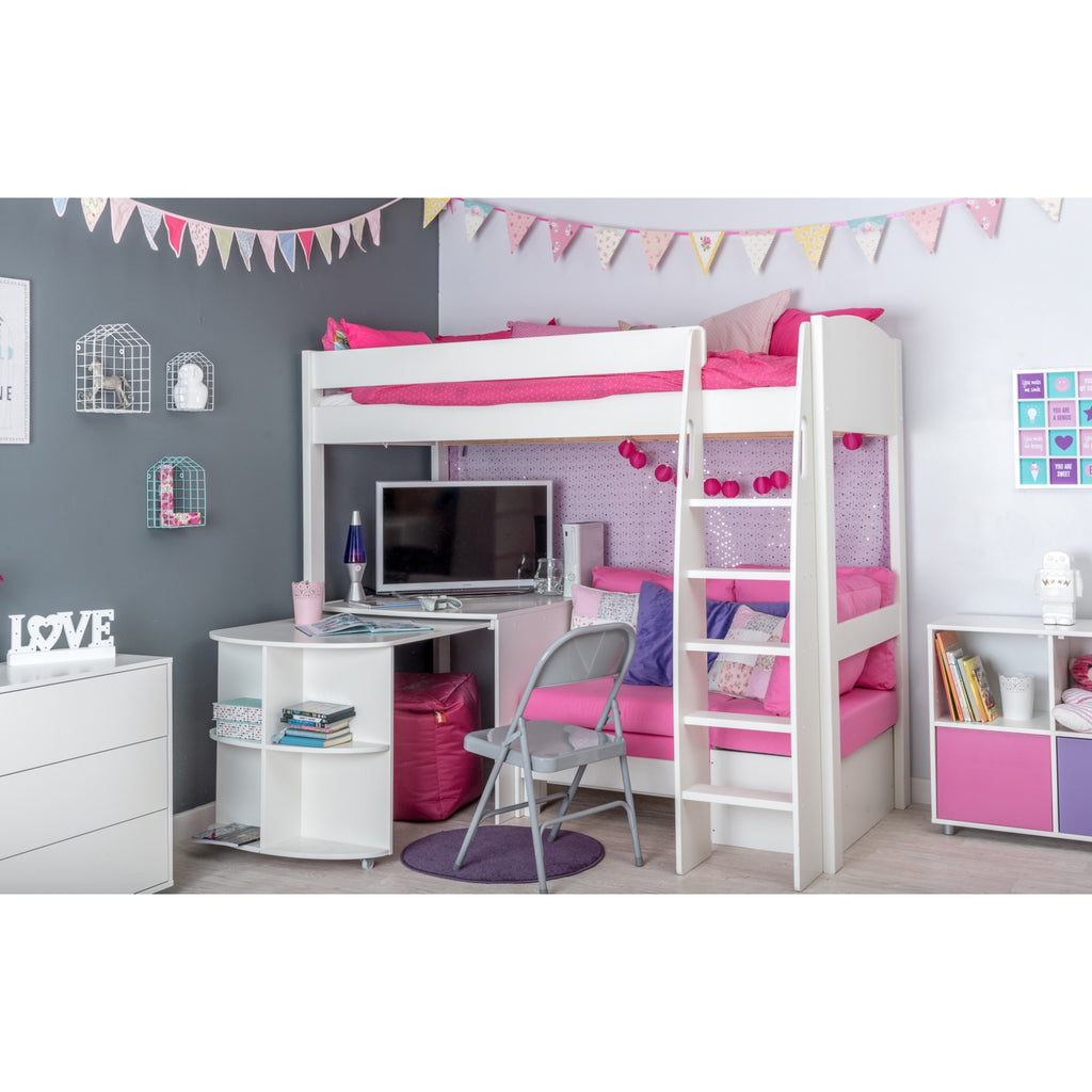 Stompa UnoS Highsleeper With Sofa Bed, Fixed Desk & Pull-Out Desk in furnished room in pink